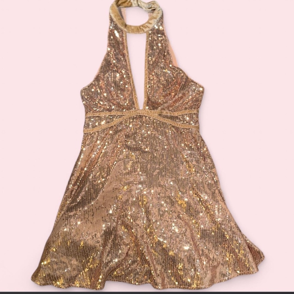 Free people mini nwt film noir Gold Sequin Halter Dress
